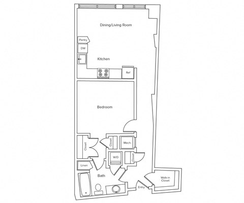 Floor plan for 1 bed, 1 bath, 680 sqft